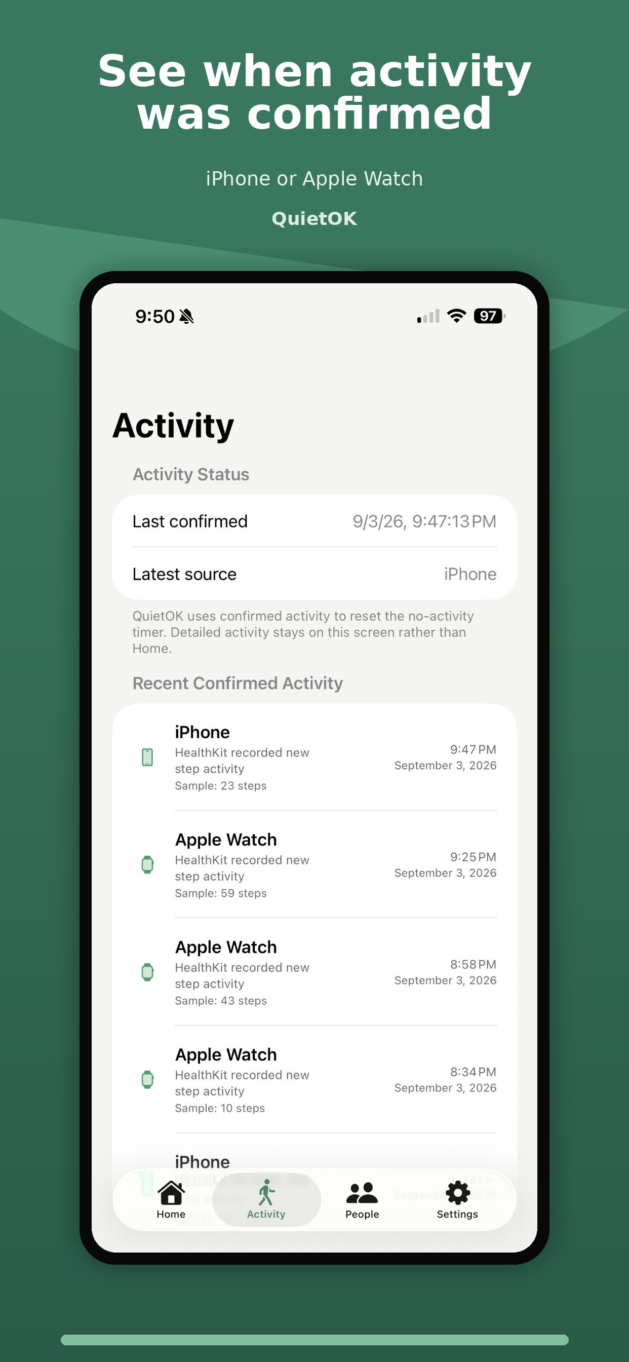 QuietOK Activity screen showing confirmed activity from iPhone and Apple Watch
