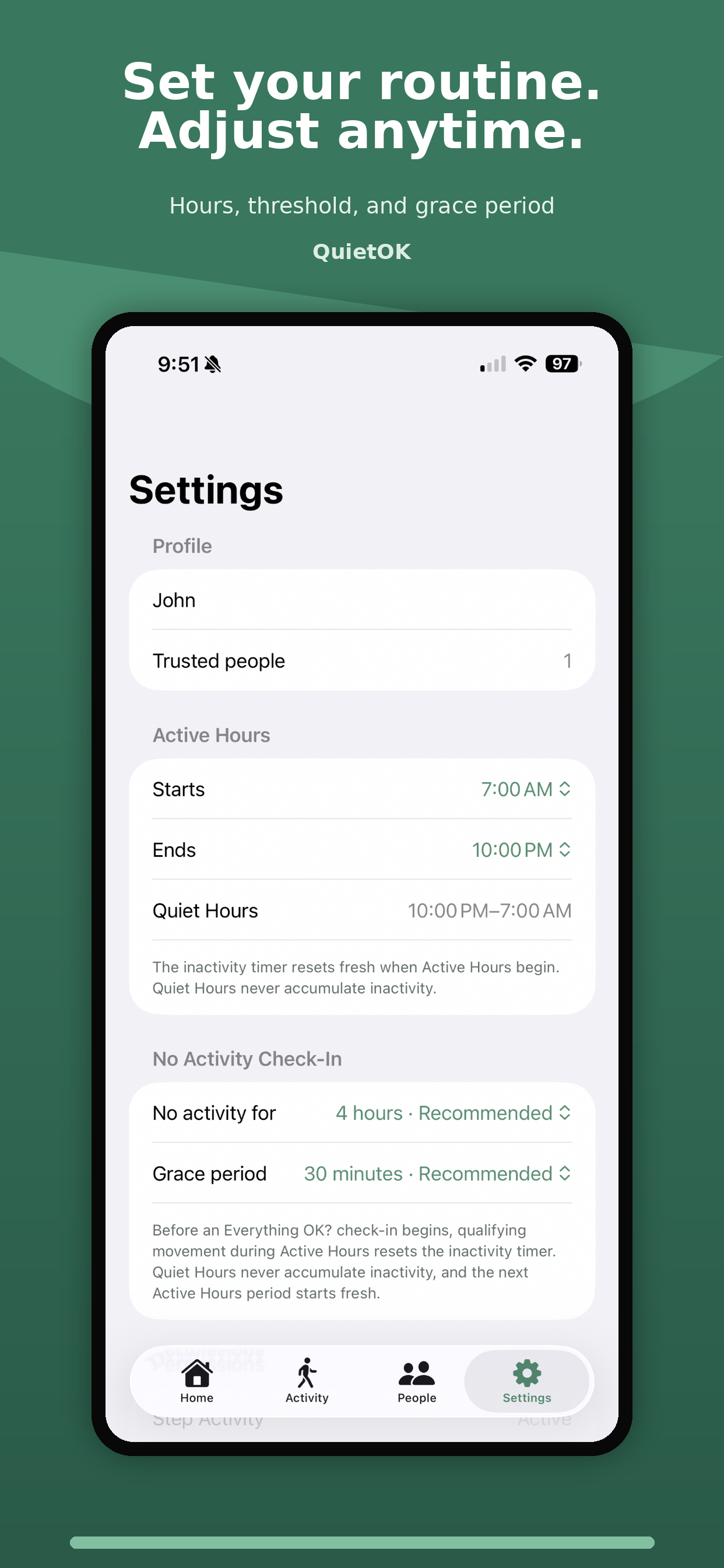 QuietOK Settings screen showing Active Hours, inactivity threshold, and grace period